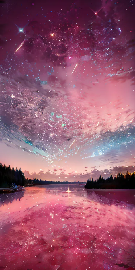 Lake view of pink sky and stars, Sparkling sky, magical sparkling lake, sky strewn with stars, Milkyway Sky, Magnificent backgro...