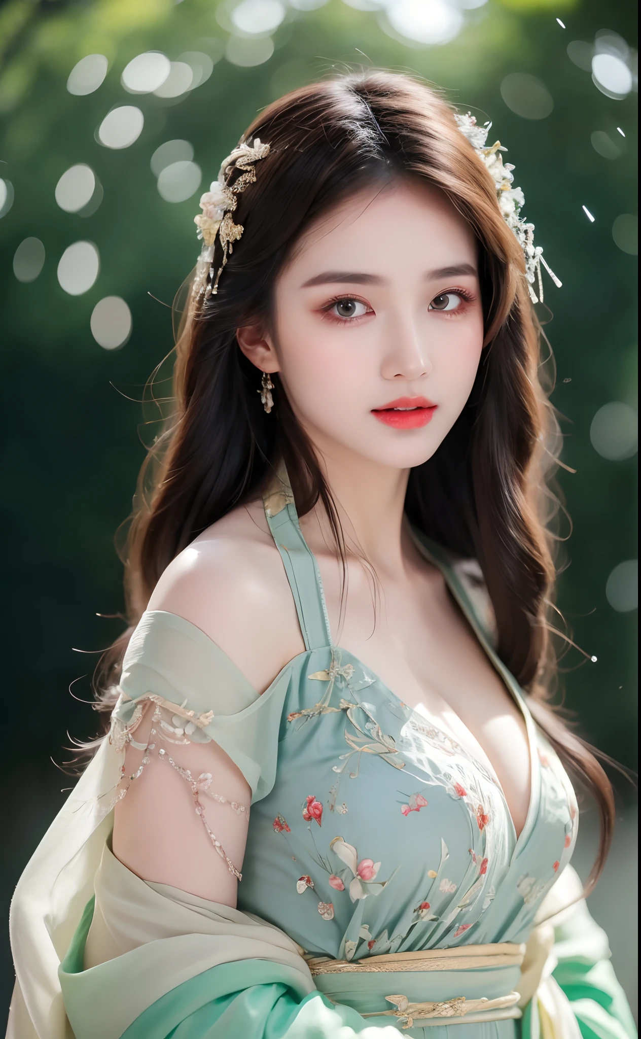 ((Best Quality, 8k, Masterpiece: 1.3)), Focus: 1.2, Perfect Body Beauty: 1.4, Buttocks: 1.2, ((Layered Haircut)), (Wet Clothes: 1.1), (Rain, Street:1.3), (Breasts: 1.2), (Hanfu: 1.2), Bare Shoulders, Bare Legs, Highly Detailed Face and Skin Texture, Fine Eyes, Double Eyelids, Whitened Skin, Long Hair, (Shut Up: 1.5), (Bokeh Background: 1.5), Big Breasts