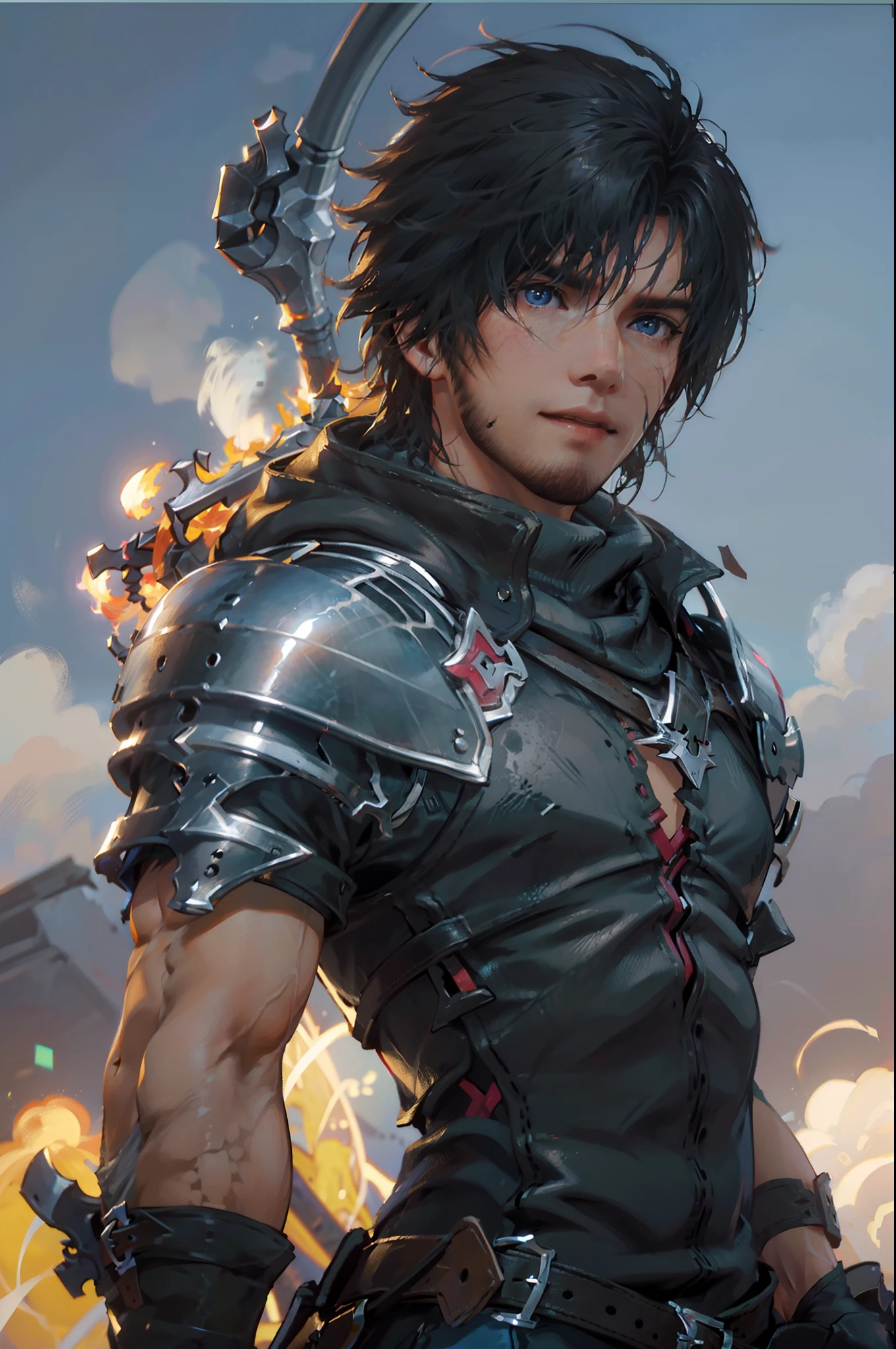 (absurdities, High Resolutions, ultra detailed, HdR), masterpiece, The best quality, final fantasy xvi, clive rosfield, 1man only, handsome, short hair, black hair, vibrant blue eyes, fine eyes and detailed face, armor, ((Intricate weapon)), combat pose,  over hill, fire flames behind, affected smile, annoying.