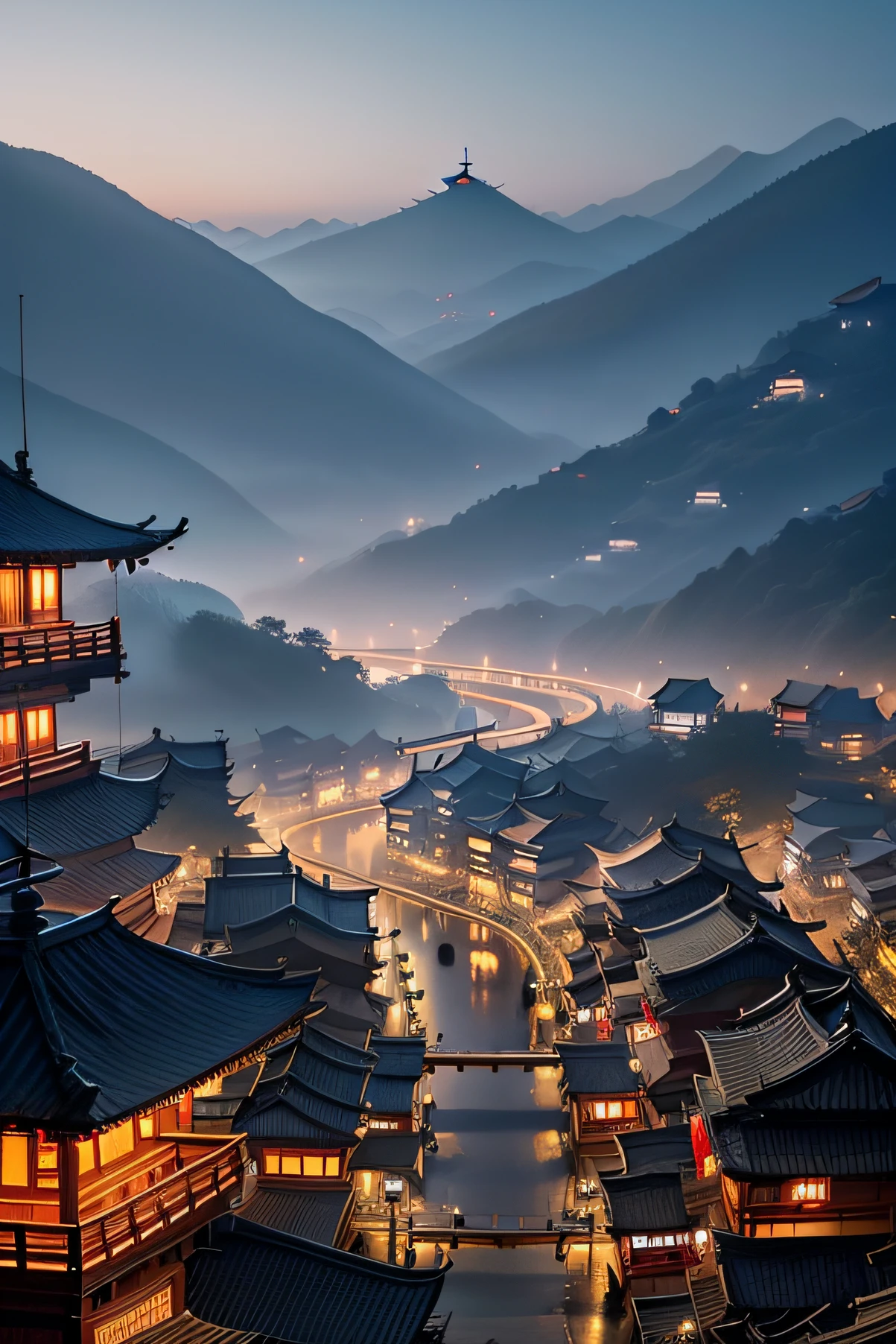 arafed view of a chinese village at midnight with a lot of lights, dreamy chinese town, ancient chinese architecture, cyberpunk chinese ancient castle, chinese architecture, japanese town, japanese city, chinese village, beautiful render of tang dynasty, ancient japanese architecture, like jiufen, andreas rocha style, chinese style, japanese village.