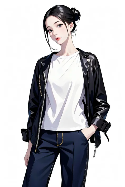 masterpiece, best quality, ((pure white background)), standing, black hair bun,cold face, full body, jacket, T-shirt, pants, (Fa...