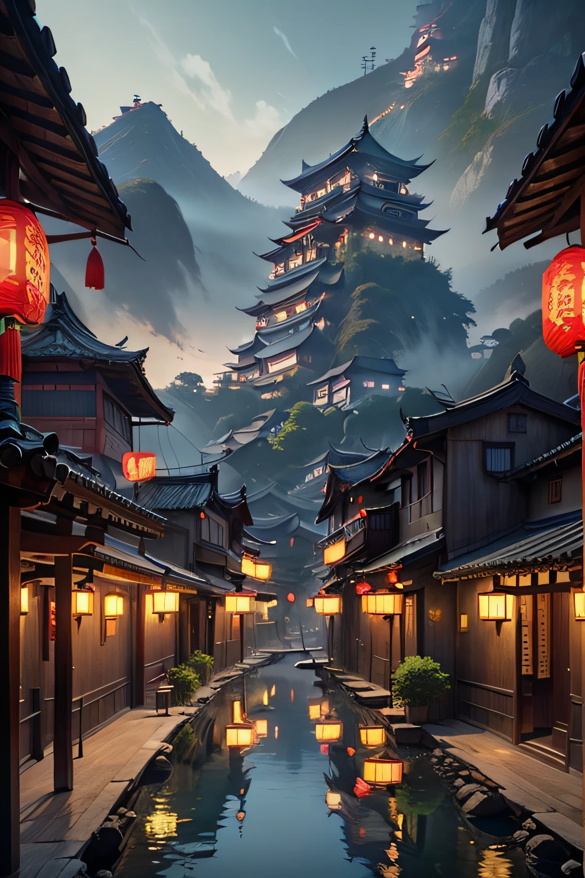 arafed view of a chinese village at midnight with a lot of lights, dreamy chinese town, ancient chinese architecture, cyberpunk chinese ancient castle, chinese architecture, japanese town, japanese city, chinese village, beautiful render of tang dynasty, ancient japanese architecture, like jiufen, andreas rocha style, chinese style, japanese village.