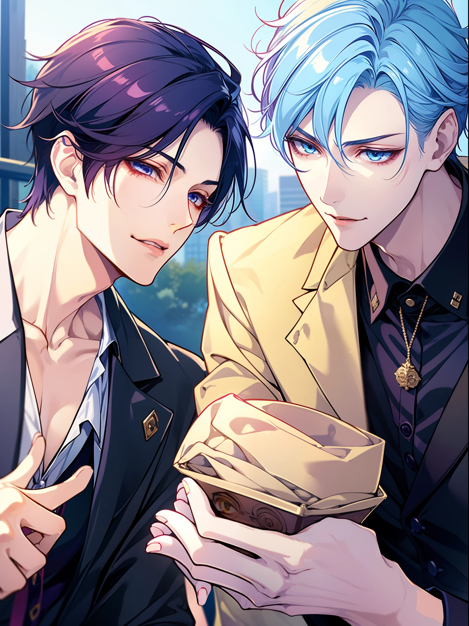 ​masterpiece, top-quality, 2Others, Male couple, 1 man and 1,, Adults, Height difference, different fashion, different color, finely eye and detailed face, intricate detailes, Black Butler Fashion, Modern urban streets, A smile, Happiness, tenderness, queers, Boys Love, high-level image quality、 Two beautiful men、tall、The upper part of the body、nightfall、nighttime scene、𝓡𝓸𝓶𝓪𝓷𝓽𝓲𝓬、Korean Male, k pop, Professional Photos, Vampires, Fedoman with necklace, inspired by Sim Sa-jeong, androgynous vampire, :9 detailed face: 8, extra detailed face, detailed punk hair, ((eyes are brown)) baggy eyes, Seductive. Highly detailed, semi realistic anime, Vampire butler, hyperrealistic teen, delicate androgynous prince, imvu, short hair above the ears, Man with short hair, With a purple-haired man with a wild expression, Man with light blue hair with gentle expression, With a short-haired man with bright purple hair, Man with light blue hair, Take a selfie for two