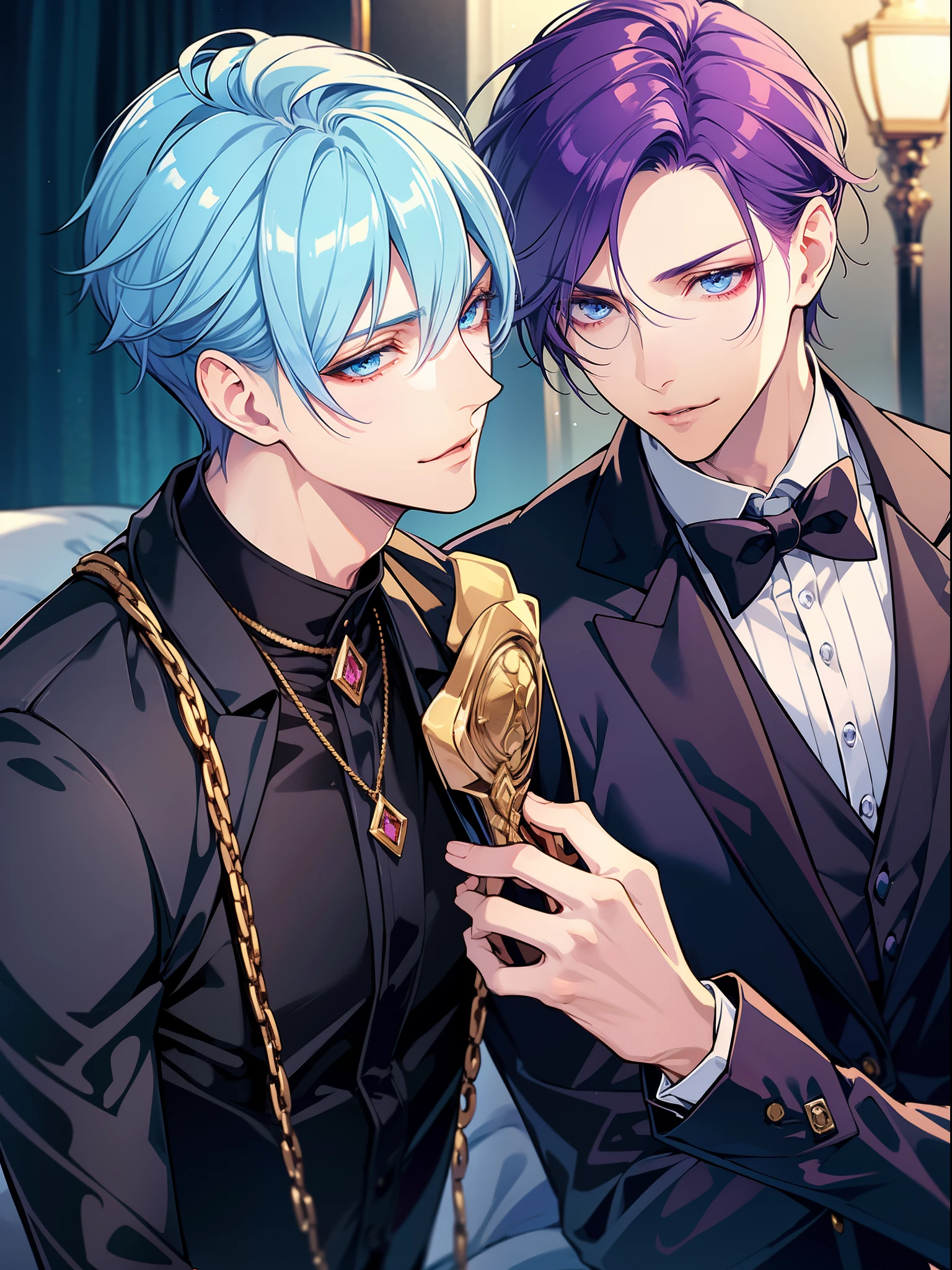 ​masterpiece, top-quality, 2Others, Male couple, 1 man and 1,, Adults, Height difference, different fashion, different color, finely eye and detailed face, intricate detailes, Black Butler Fashion, Modern urban streets, A smile, Happiness, tenderness, queers, Boys Love, high-level image quality、 Two beautiful men、tall、The upper part of the body、nightfall、nighttime scene、𝓡𝓸𝓶𝓪𝓷𝓽𝓲𝓬、Korean Male, k pop, Professional Photos, Vampires, Fedoman with necklace, inspired by Sim Sa-jeong, androgynous vampire, :9 detailed face: 8, extra detailed face, detailed punk hair, ((eyes are brown)) baggy eyes, Seductive. Highly detailed, semi realistic anime, Vampire butler, hyperrealistic teen, delicate androgynous prince, imvu, short hair above the ears, Man with short hair, With a purple-haired man with a wild expression, Man with light blue hair with gentle expression, With a short-haired man with bright purple hair, Man with light blue hair, Take a selfie for two