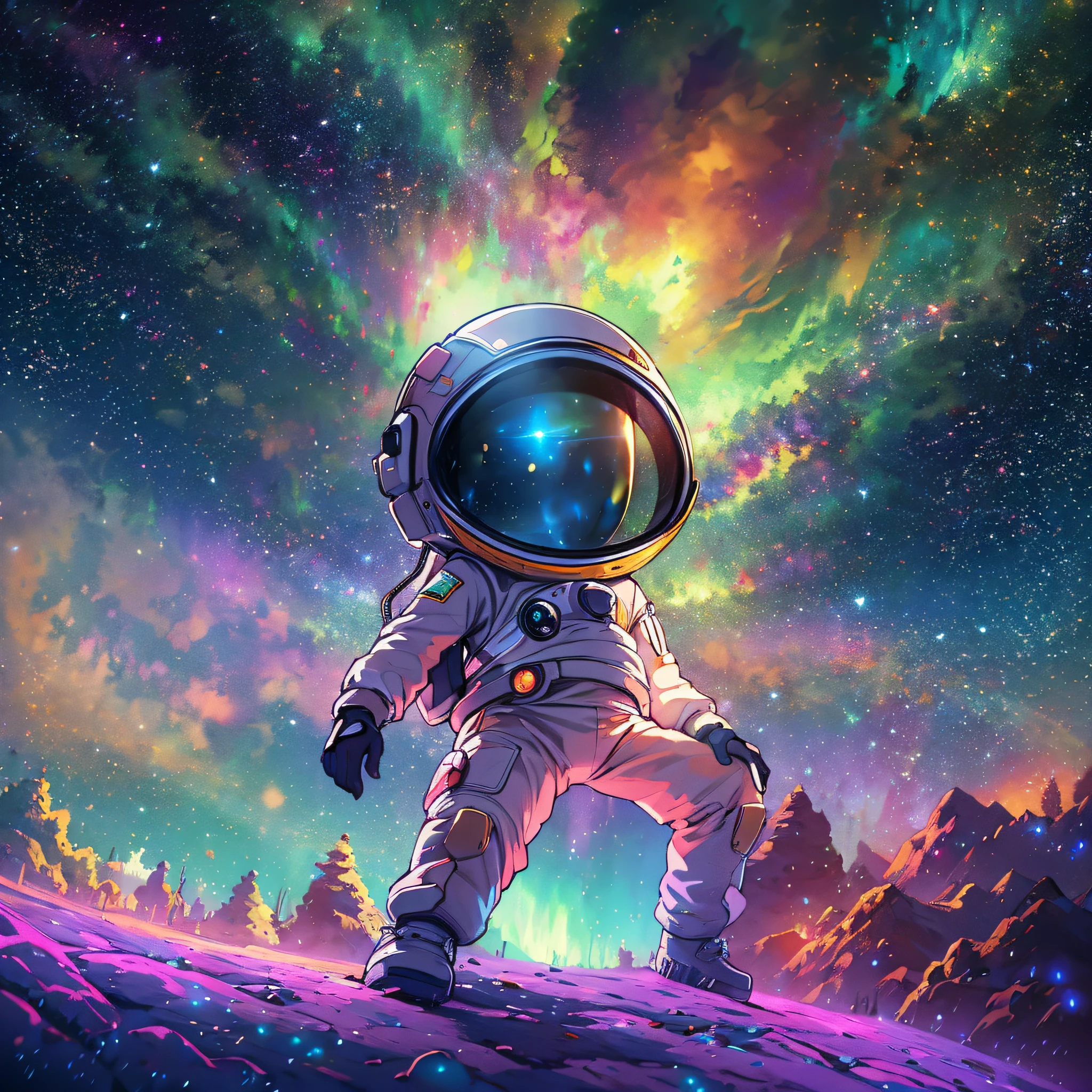 "A stunning masterpiece of an 8k raw image featuring a chibi astronaut surrounded by a mesmerizing starry sky, vibrant aerial fireworks, and the breathtaking spectacle of the aurora dancing in the Milky Way. This official art captures the beauty, aesthetic, and animation of a festival-like atmosphere with a touch of fisheye lens effect. It is truly a top-quality and best-quality depiction of lovestar's dreamy world."