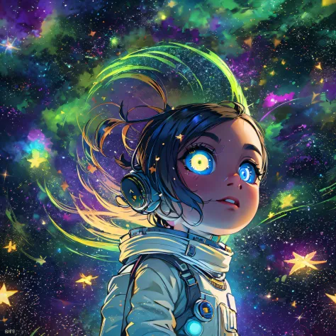"A stunning masterpiece of an 8k raw image featuring a chibi astronaut surrounded by a mesmerizing starry sky, vibrant aerial fi...