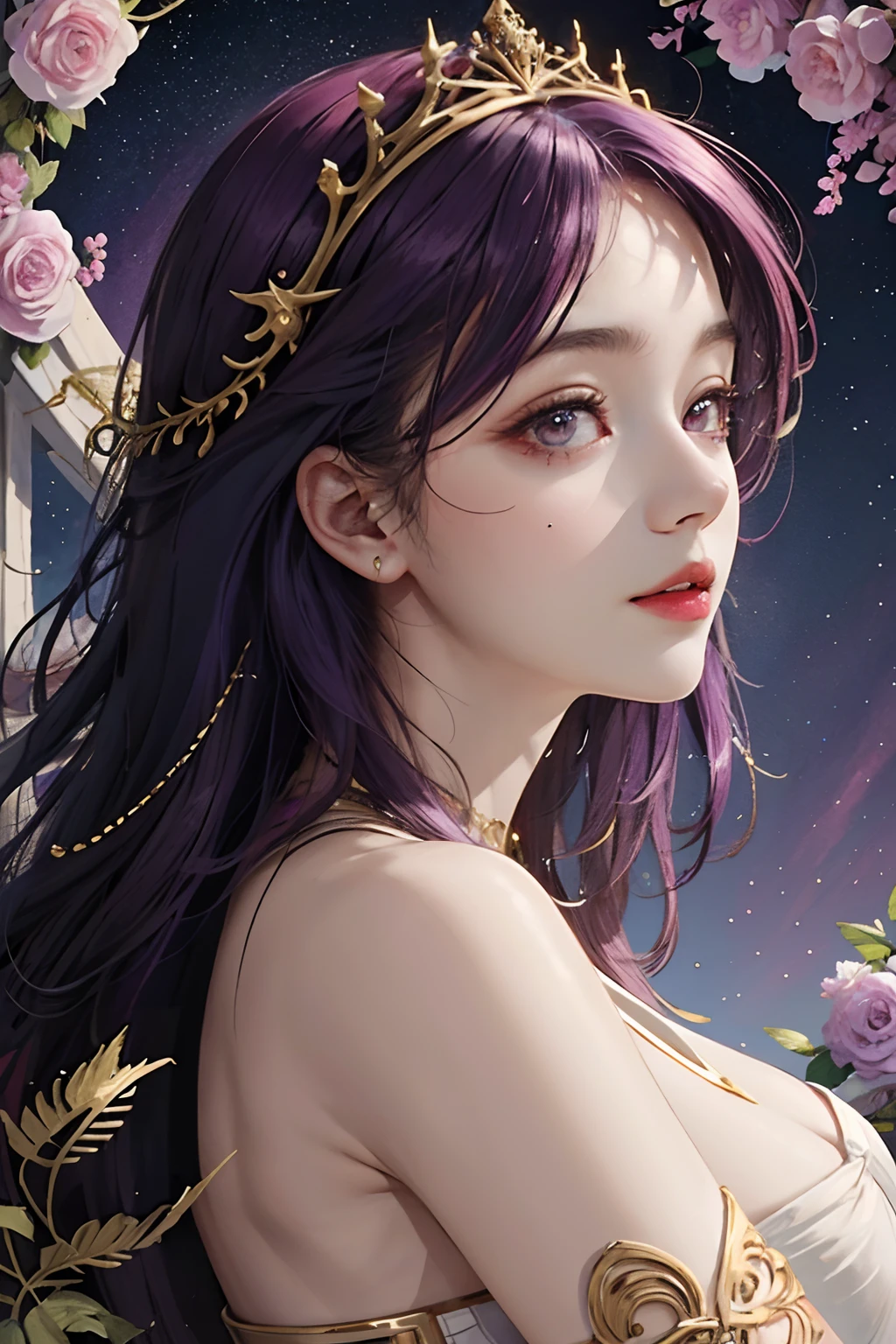 (masterpiece, top quality, best quality, official art, beautiful and aesthetic:1.2), (1girl), extreme detailed,colorful,highest detailed, official art, unity 8k wallpaper, ultra detailed, beautiful and aesthetic, beautiful, masterpiece, best quality, (zentangle, mandala, tangle, entangle) an angle female, long and curly bright purple hair angelic face and large purple eyes and plump red lips.snow white skin and charming figure in a white dress, long slender fingers and purple painted nails small moles under the eyes ,holy light,gold foil,gold leaf art,glitter drawing, PerfectNwsjMajic