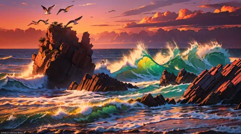 an impressive coastal scene at sunset, where waves crash against jagged rocks, casting a warm, golden glow over the scene. the s...