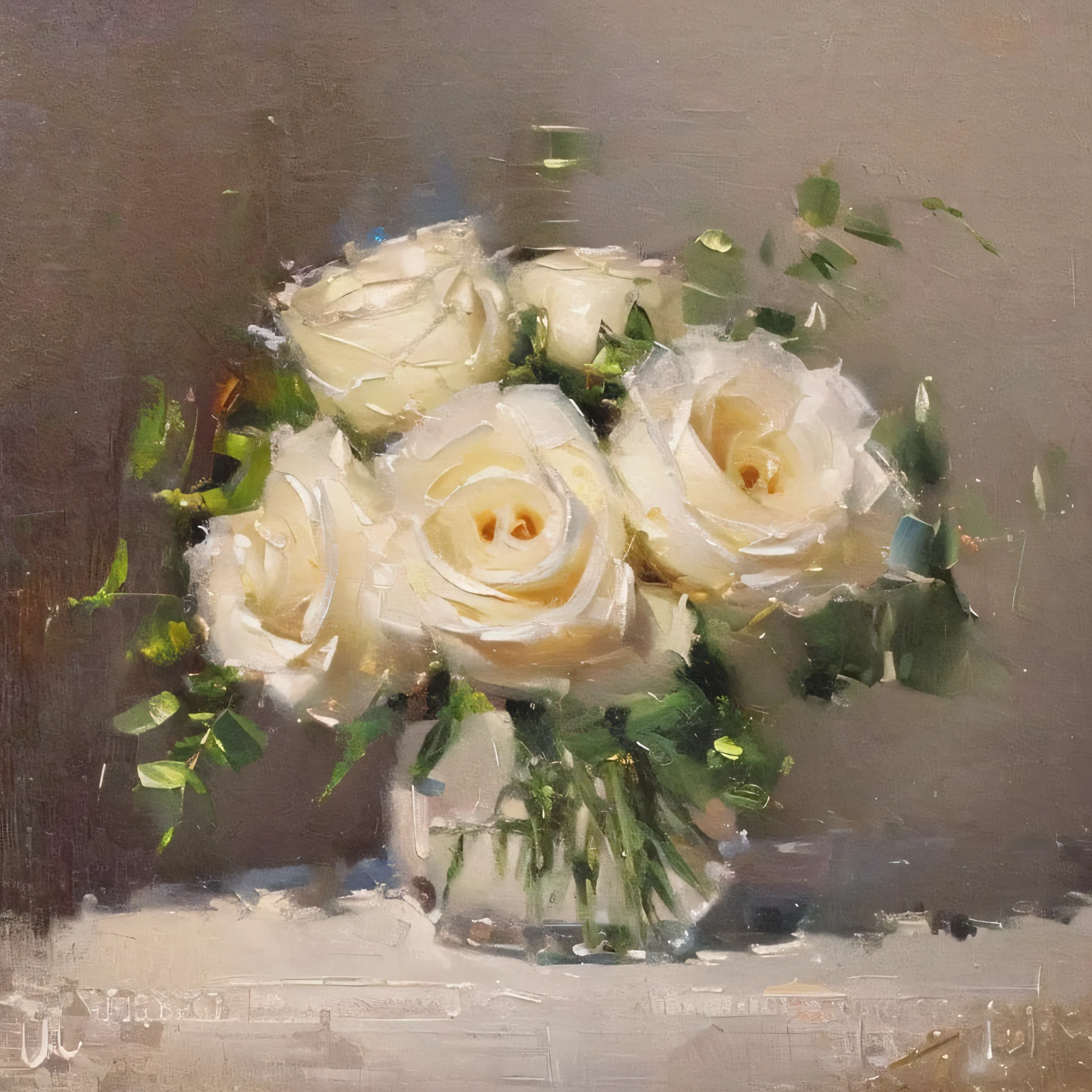 (masterpiece, best quality, high res, ultra detailed:1.2), simple background, still life, rule of thirds, vintage oil painting of a white rose in a porcelain vase