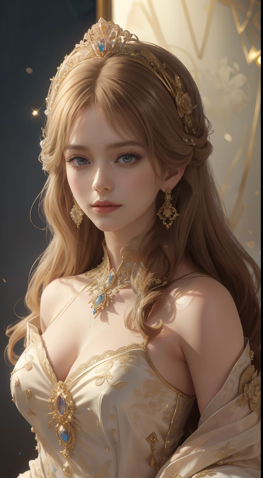 杰作，最高图像质量，一位皇家贵妇的美丽半身像，精致的金色发型，饰有绚丽精致的花卉珠宝，超级细节，升级版。