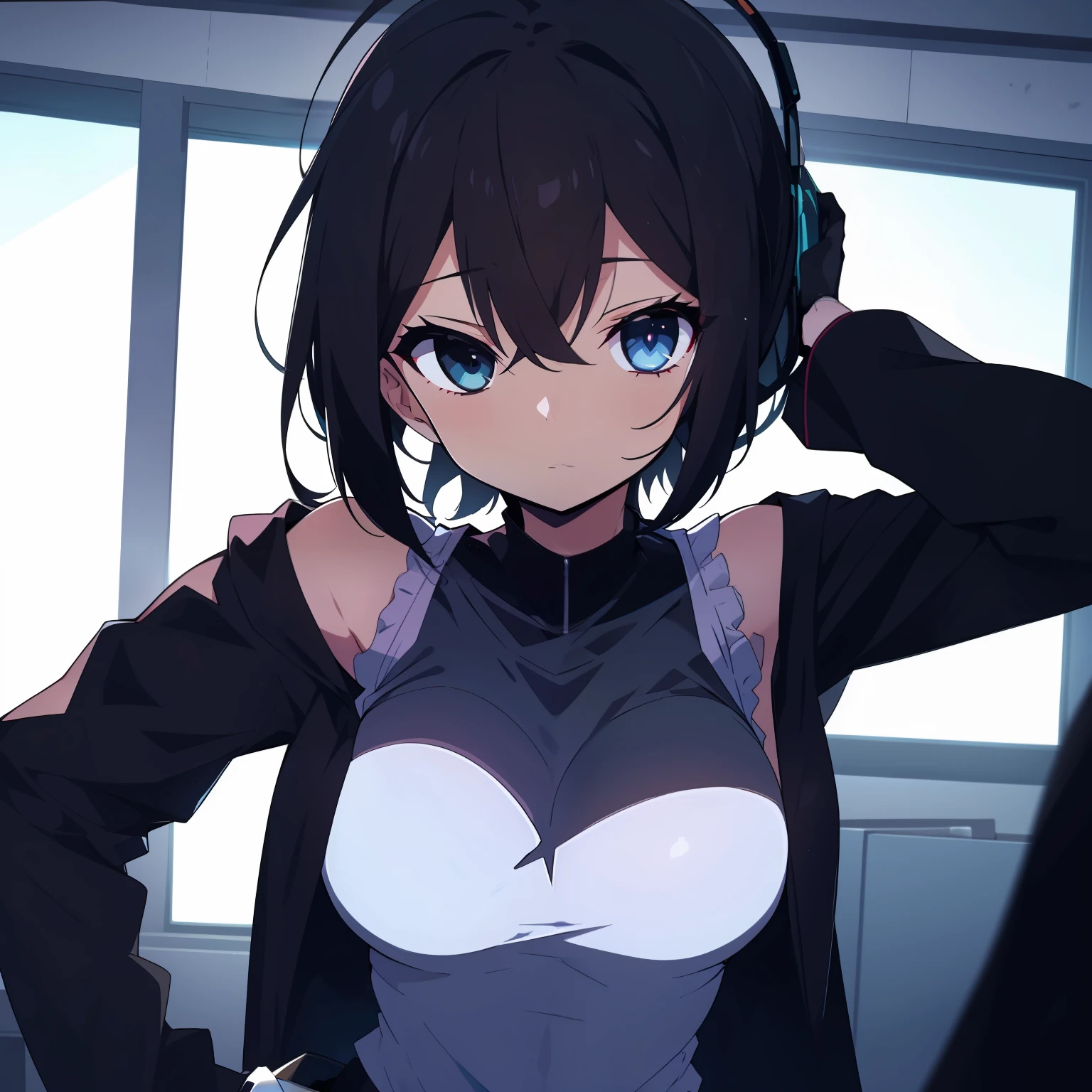 Anime girl with headphones and a bra top posing for a picture - SeaArt AI