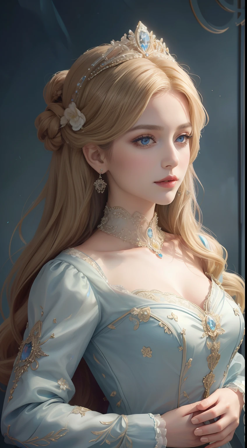 傑作，最高影像品質，一位皇家女士的美麗半身像，精緻的金髮髮型，飾有絢麗而複雜的花卉珠寶，超細節，升级版。