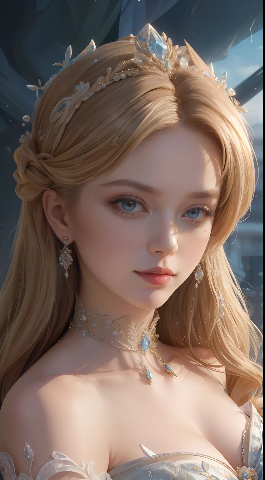 杰作，最高图像质量，一位皇家贵妇的美丽半身像，精致的金发发型，饰有绚丽精致的花卉珠宝，超级细节，升级版。