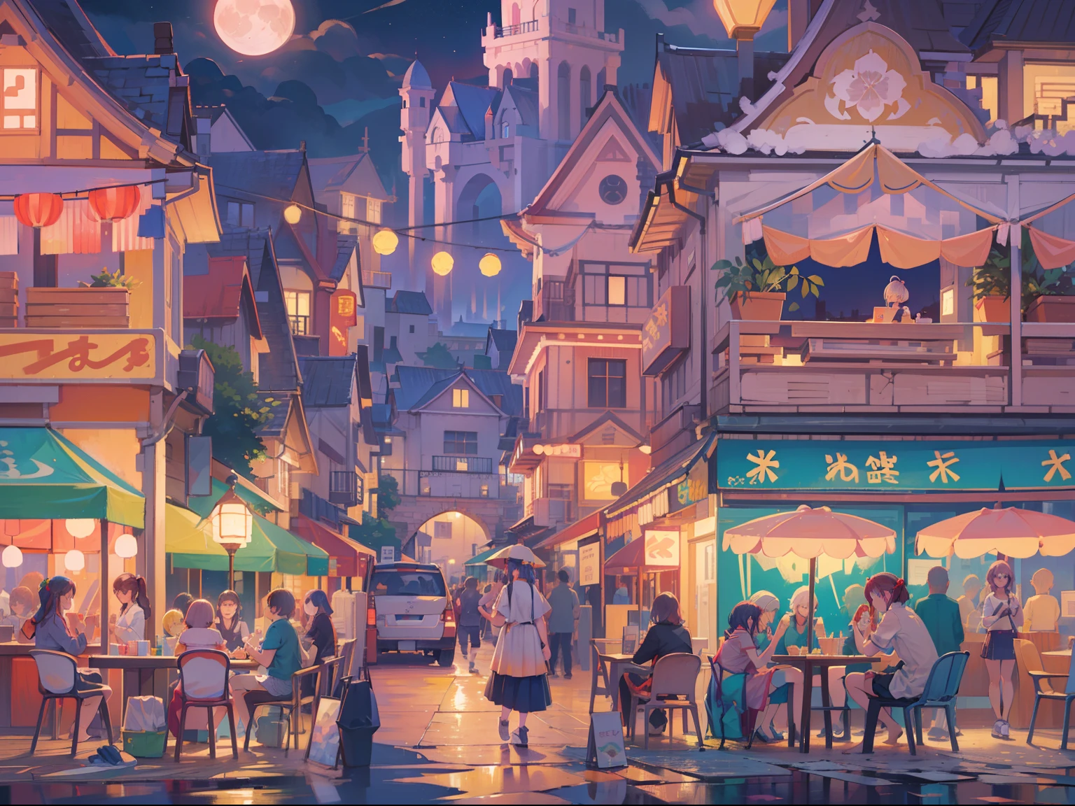 (masterpiece), best quality, ultra high res, sharp focus, beautiful scenery, detailed structure, detailed architecture, (at the night time:1.5), side town near beach, summer festival, summer season, vibrant color, (cool pastel color)