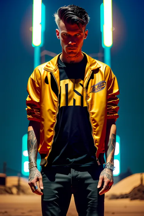 cinematic still shot, 1 man,  tshirt, punk hair style, yellow jacket, cyberpunk, moon surface, sand storm,  midnight, neon light...