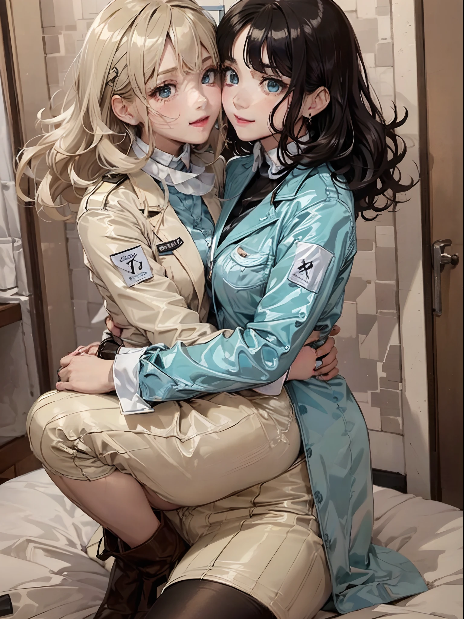 Perfect anime illustration, 2girls,Different faces，Different hairstyles，Different hair colors，Refined face，hug face to face，kiss on cheeks，1 gray hair, 1 black hair，1. Long, curly hair,1Bob Haircut curly hair， matching hairstyle, 1 brown eye,1 Blue eye, inquisitive，curiosity，Pleasure, ((matching outfits,Two girls in the same outfit， Light brown transparent student uniform，Dark brown detective style coat，Leather booties)), matching hairstyle, Fantasy style base，hug eachother，leglock，cross-legged，well drawn legs，Dark blue pantyhose, A high resolution, full bodyesbian, Pose