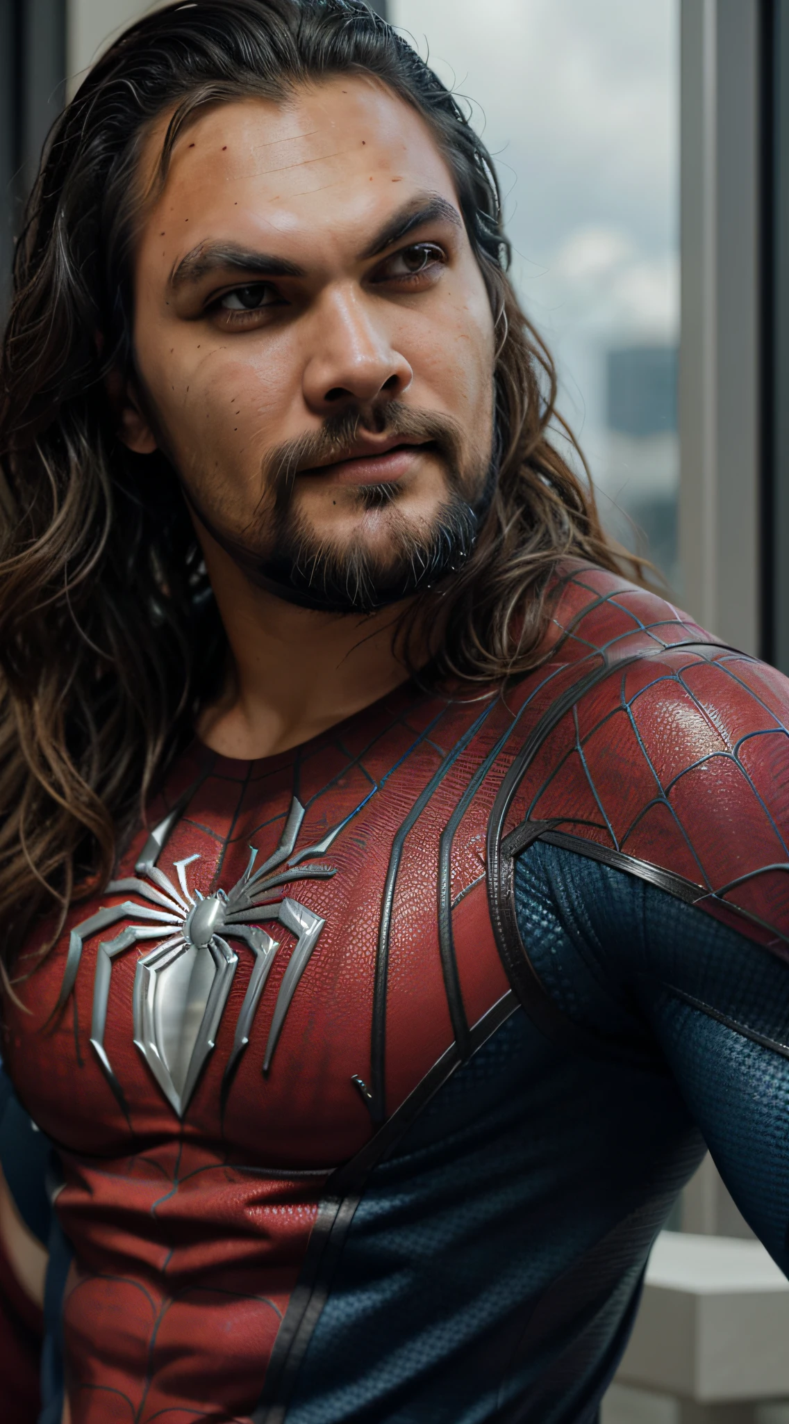 A close up of a man with long hair wearing a spider - man costume - SeaArt  AI