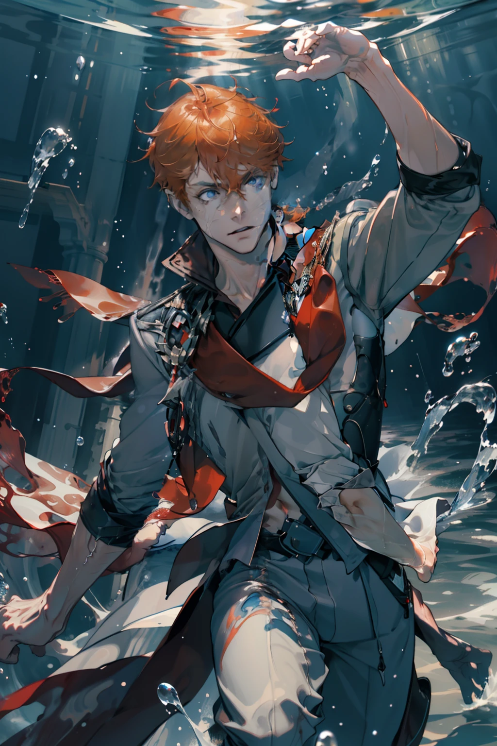 extremely delicate and beautiful, Amazing, finely detail, masterpiece, ultra-detailed, highres,best illustration, best shadow,intricate,sharp focus, high quality, 1 male solo, handsome, broad shoulders, orange hair, blue eyes, grey clothes, red scarf, dynamic battle pose, water splashes, water waves, water bubbles, water fractal swirl