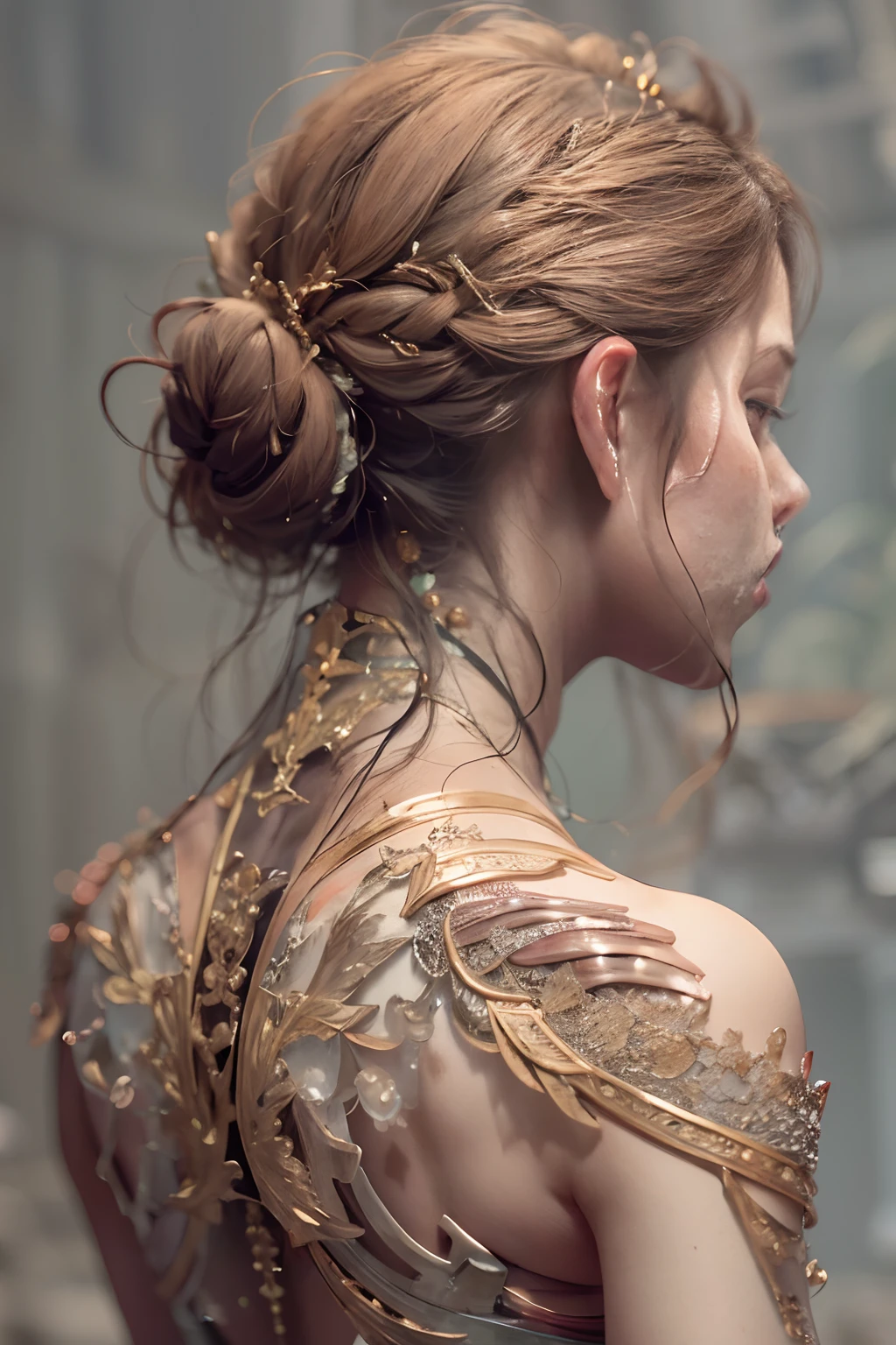 1girl in, surrealism, Verism, nffsw, Anatomically correct, Textured skin, masuter piece, high details, awardwinning, hight resolution, 8K,Unevenness of the skin,20yr old, back view,  looking side