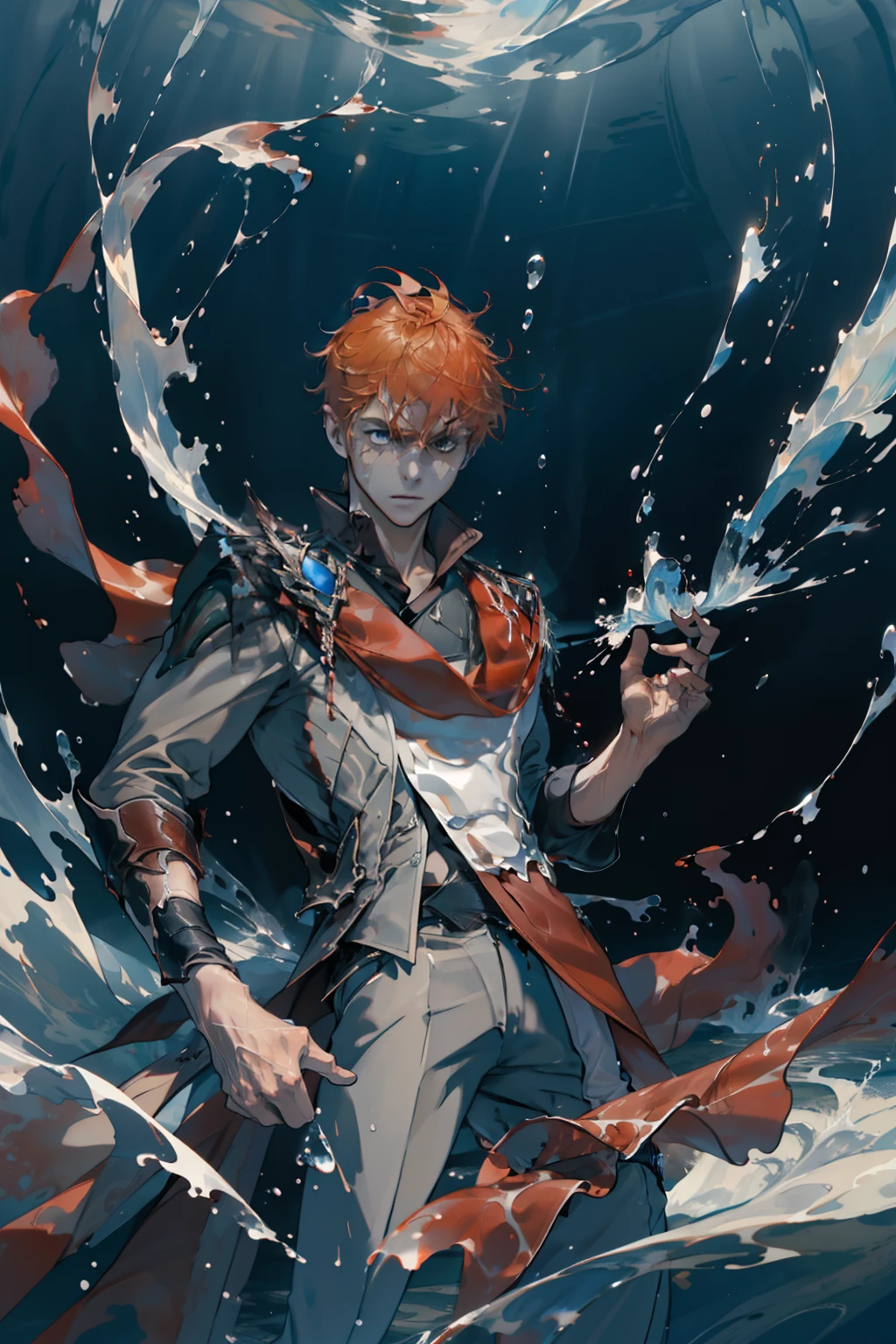 extremely delicate and beautiful, Amazing, finely detail, masterpiece, ultra-detailed, highres,best illustration, best shadow,intricate,sharp focus, high quality, 1 male solo, handsome, broad shoulders, orange hair, blue eyes, grey clothes, red scarf, dynamic battle pose, water splashes, water waves, water bubbles, water fractal swirl