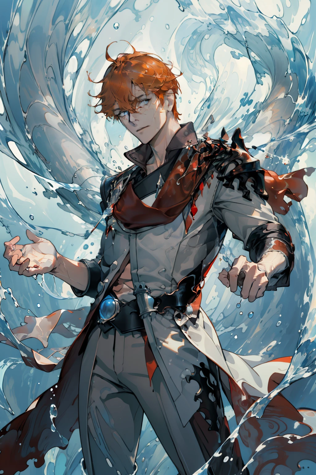 extremely delicate and beautiful, Amazing, finely detail, masterpiece, ultra-detailed, highres,best illustration, best shadow,intricate,sharp focus, high quality, 1 male solo, handsome, broad shoulders, orange hair, blue eyes, grey clothes, red scarf, dynamic battle pose, water splashes, water waves, water bubbles, water fractal swirl