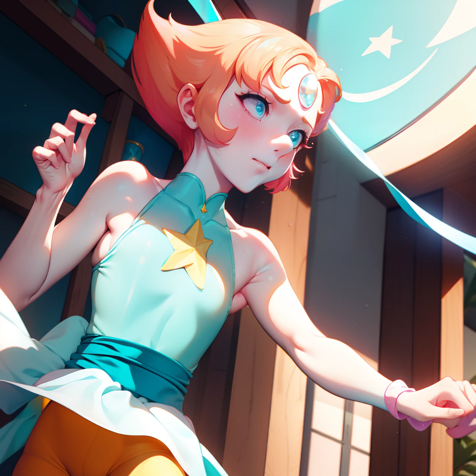 1girl, Pearl, pale, ivory complexion, light-cyan eyes, peach-colored hair, forehead gem, aqua blue tunic, cyan high-waist ribbon, yellow shorts, star emblem, swept-back hair, short hair, pearl gem, pointy nose, pink socks, light blue ballet flats, cheek pinch, cyan blush, perfect anatomy, portrait, better hands