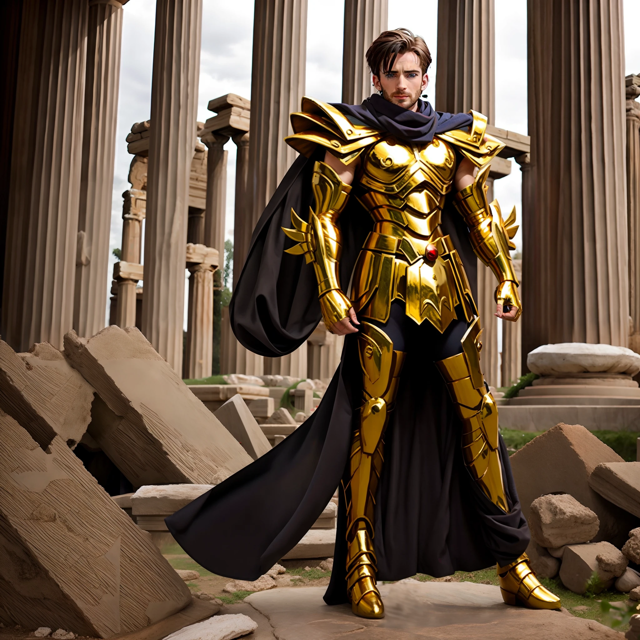 masterpiece, best quality, masterpiece, detailed face, detailed eyes, full body,  Chris Evans wearing golden armor, black scarf, Atlantis  greek temple ruins, fight pose, red atack