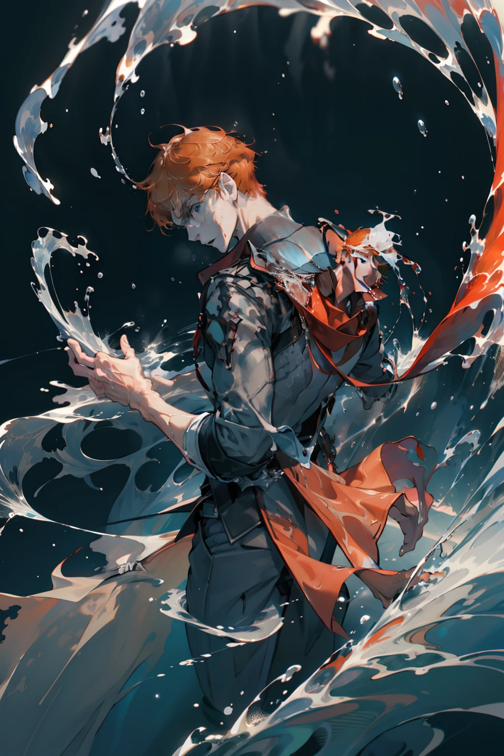 extremely delicate and beautiful, Amazing, finely detail, masterpiece, ultra-detailed, highres,best illustration, best shadow,intricate,sharp focus, high quality, 1 male solo, handsome, broad shoulders, orange hair, blue eyes, grey clothes, red scarf, dynamic battle pose, water splashes, water waves, water bubbles, water fractal swirl