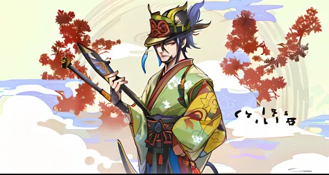 there is a painting of a man with a sword and a hat, akira in chinese mythology, handsome japanese demon boy, handsome guy in de...