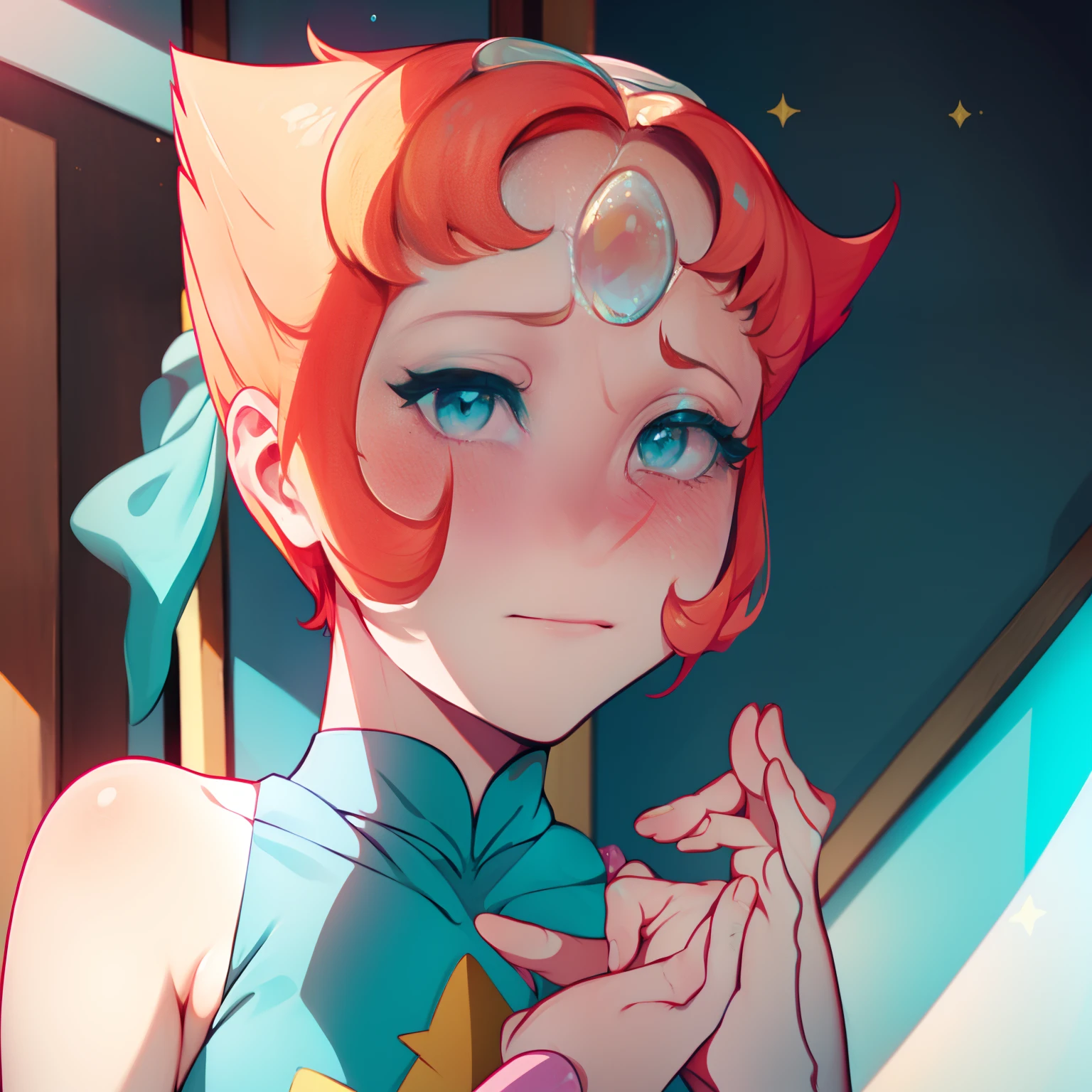 1girl, Pearl, pale, ivory complexion, light-cyan eyes, peach-colored hair, forehead gem, aqua blue tunic, cyan high-waist ribbon, yellow shorts, star emblem, swept-back hair, short hair, pearl gem, pointy nose, pink socks, light blue ballet flats, cheek pinch, cyan blush, perfect anatomy, portrait, better hands, looking at viewer, shy expression