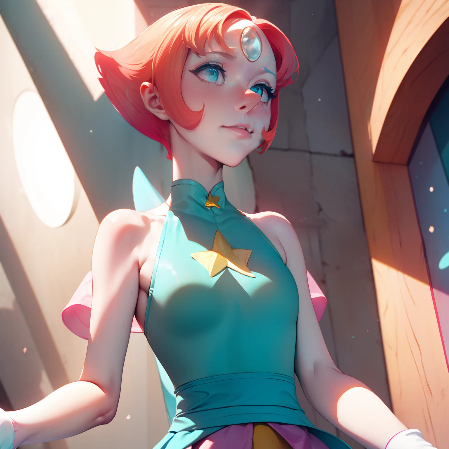 1girl, Pearl, pale, ivory complexion, light-cyan eyes, peach-colored hair, forehead gem, aqua blue tunic, cyan high-waist ribbon, yellow shorts, star emblem, swept-back hair, short hair, pearl gem, pointy nose, pink socks, light blue ballet flats, cheek pinch, cyan blush, perfect anatomy, portrait, better hands, looking at viewer, shy expression