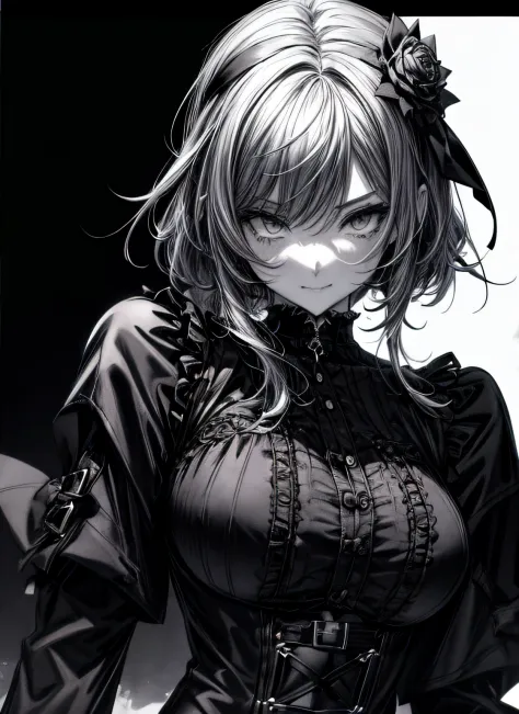 Gothic punk、actionpose、Overflowing、cheerfully、（Manga style）、（Comic Noir Style）、(linear art_Anime)、（black-and-white）、(monotone_st...