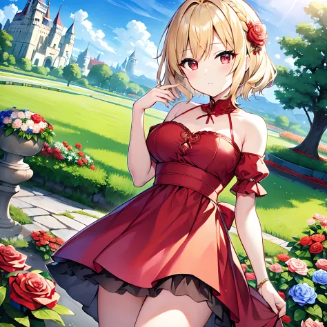 Short blonde Hair、red eyes、Beautiful girl alone、独奏、animesque、western clothes、a miniskirt、Castles、Flower bouquet、rose garden