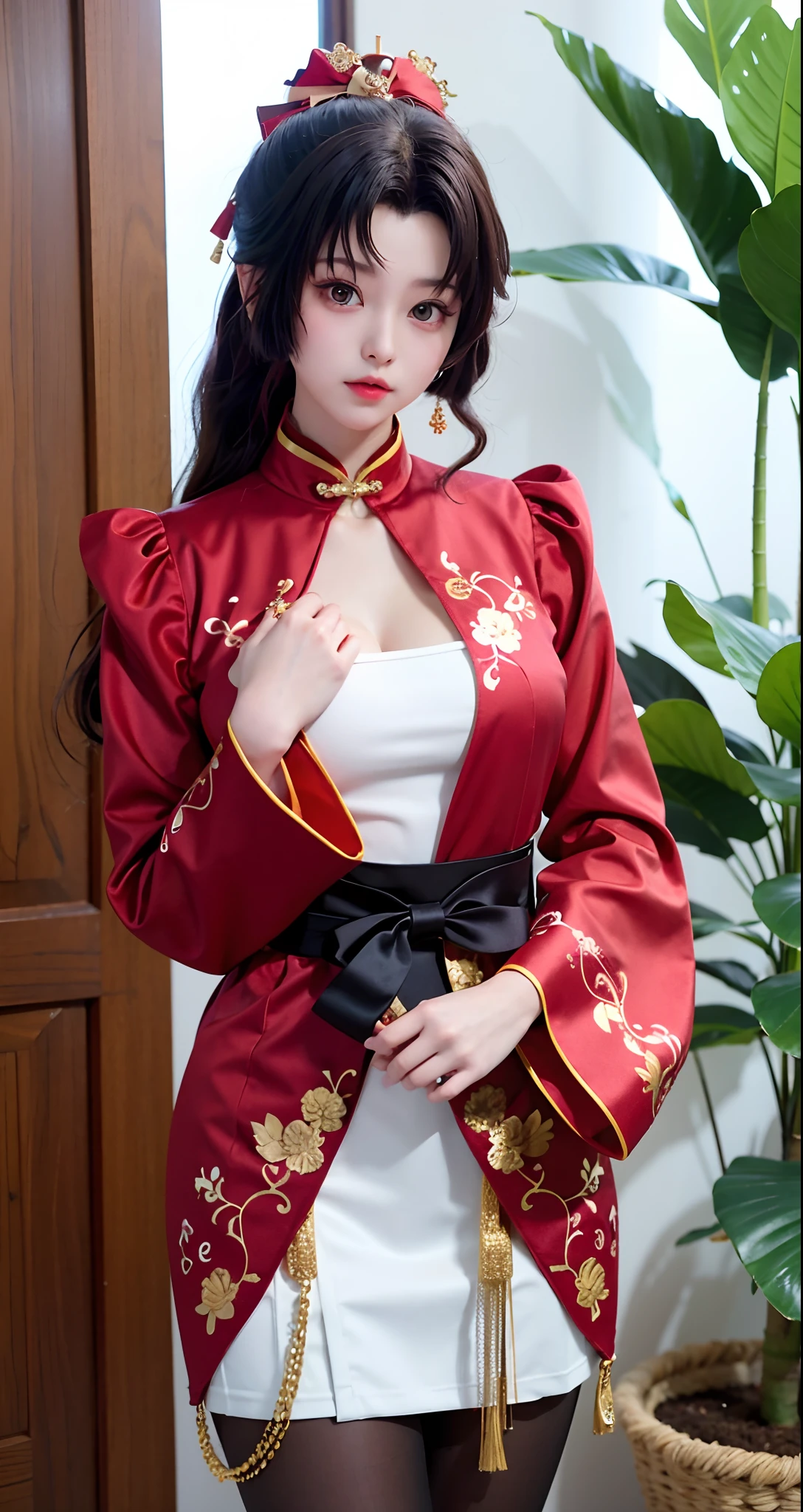 tmasterpiece,Need,Hanfukozue,1girll,（Gorgeous headdress，Golden Sparkling Headdress）Red Hanfu,paint brushes,long whitr hair,Hammerhead,hair-bun,Hold the brush,Writing,Hanfu,By bangs,独奏,Year of the Tiger,brunette color hair,the white tiger，jewelry，longer sleeves，Holding a folding fan，Bow knot，choker necklace，hair adornments，Wide sleeves，Red bow，bluntbangs，Fur trim，Closed-Mouth，ribbon，shift dresses，Shawl，nipple tassels，Animal tattoos，Red ribbons，Critters, Extra-long hair, putting hand up, ink, neck bowtie, Manteau, shairband, chineseZodiac, Scroll, looking at viewert, hair flower, Lateral hair, 耳Nipple Ring, brown  hair, florals, Blushlush,Red dress