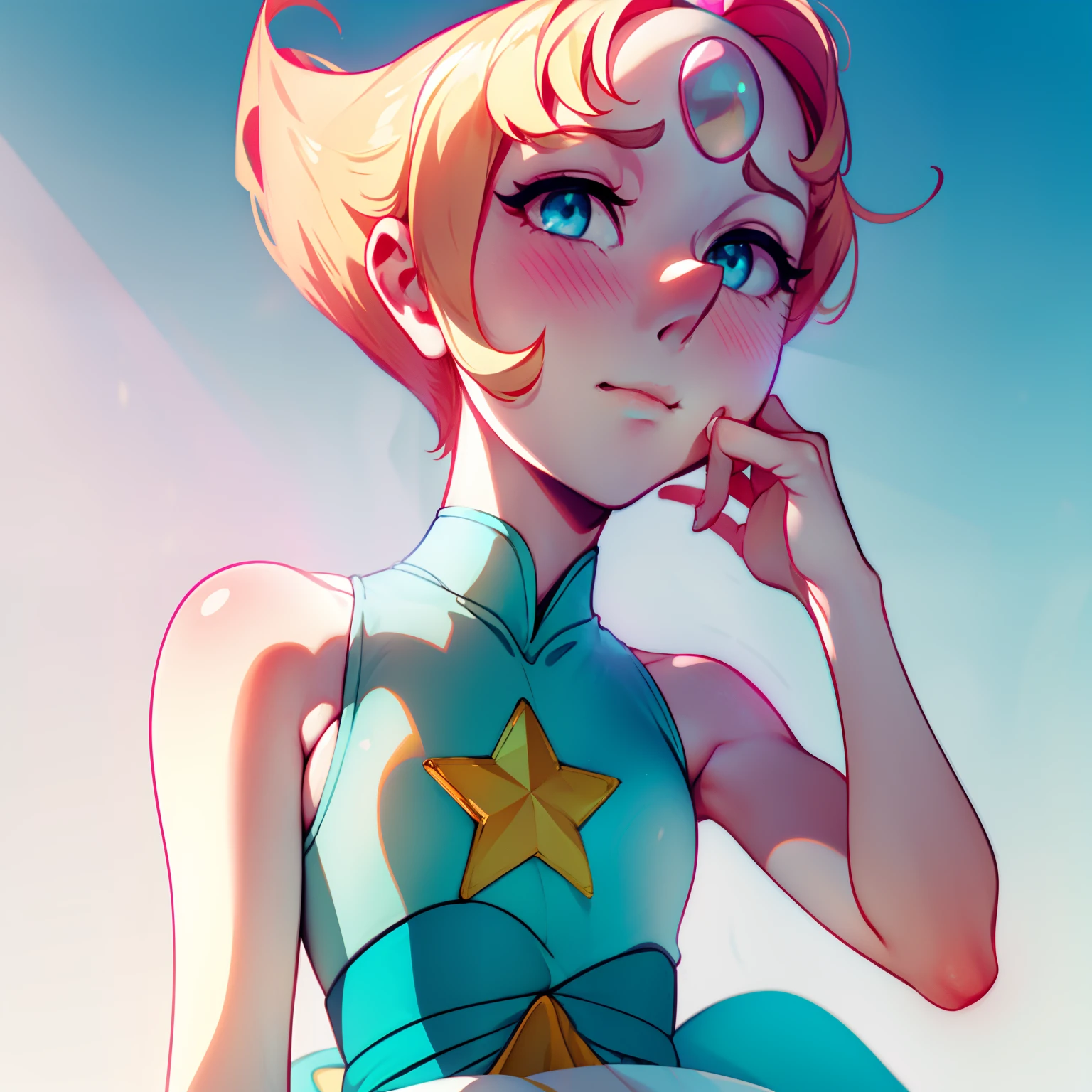 1girl, Pearl, pale, ivory complexion, light-cyan eyes, peach-colored hair, forehead gem, aqua blue tunic, cyan high-waist ribbon, yellow shorts, star emblem, swept-back hair, short hair, pearl gem, pointy nose, pink socks, light blue ballet flats, cheek pinch, cyan blush, perfect anatomy, portrait, better hands, looking at viewer, shy expression