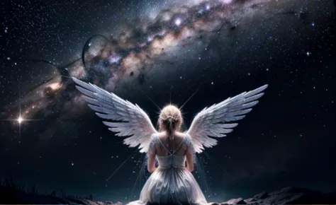 (masterpiece), (best quality:1.4), absurdres, [:intricate details:0.2], angel, angel wings, milky way, sky, shimmering aura, int...