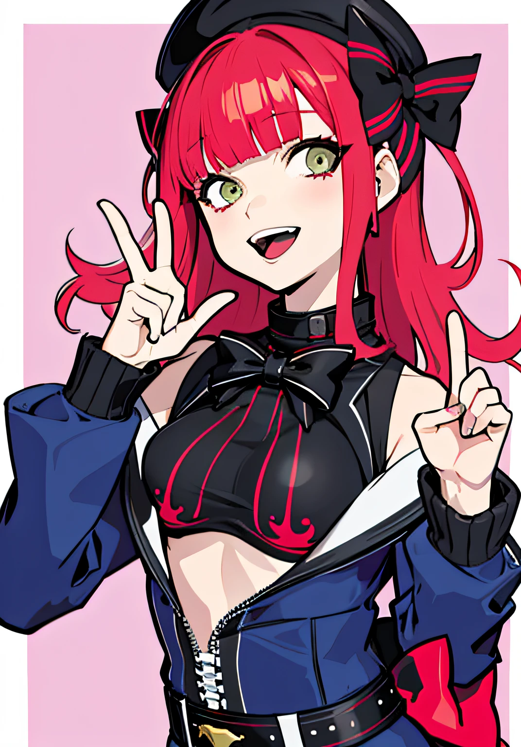 {persona 5 style}，one-girl，cap，Clothes with exposed navels，hot pant，Hippie style，Rock，squating，the bow，Winner gesture，（From the front：1.3），