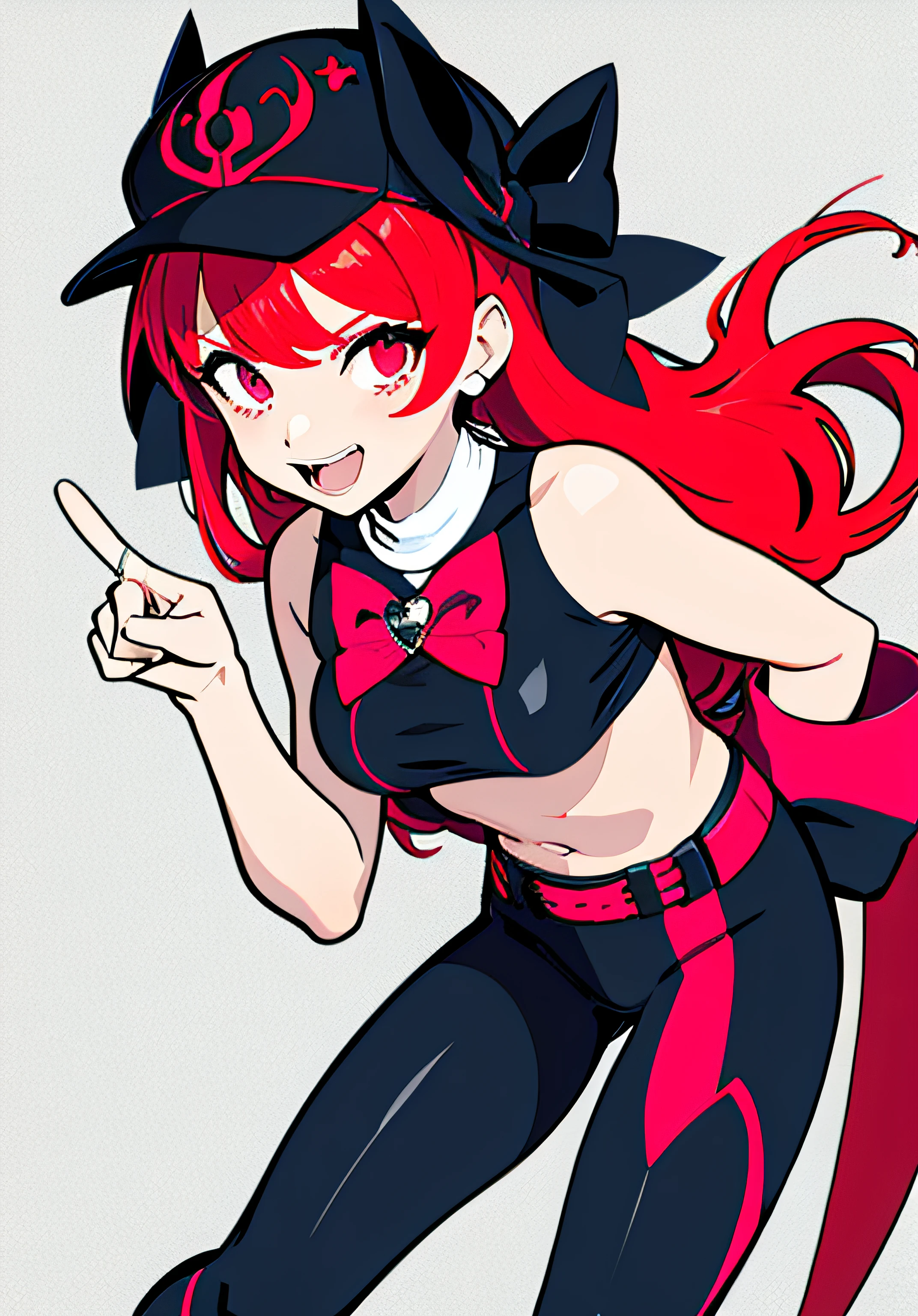 {persona 5 style}，one-girl，cap，Clothes with exposed navels，hot pant，Hippie style，Rock，squating，the bow，Winner gesture，（From the front：1.3），