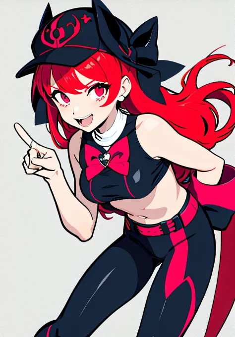 {persona 5 style}，one-girl，cap，Clothes with exposed navels，hot pant，Hippie style，Rock，squating，the bow，Winner gesture，（From the ...