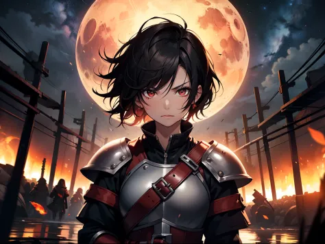 woman, starry sky, night, red tint, short hair, tomboy, black hair, Blood Moon, medieval armor, sword in hand, drenched in blood, fighting, battlefield, fire in background