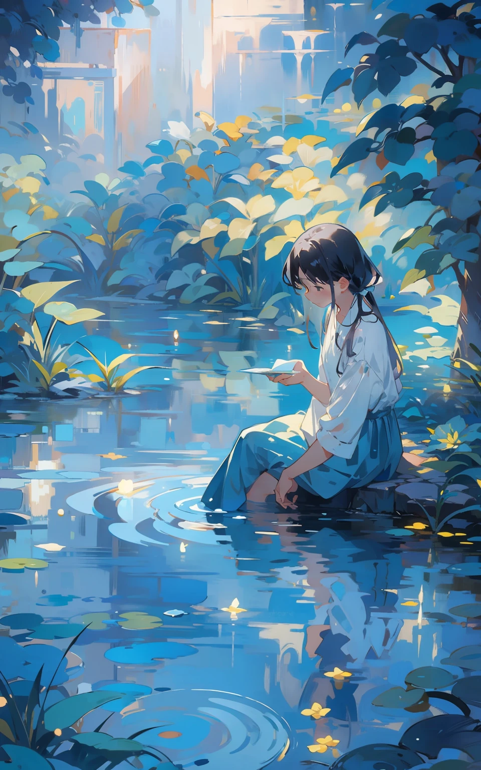 9. reflejo azul：Mujer sentada junto a un tranquilo estanque azul，Su reflejo se mezcla con la naturaleza que la rodea.。La superficie del agua se ondula suavemente.，Crea una sensación de serenidad y claridad.。