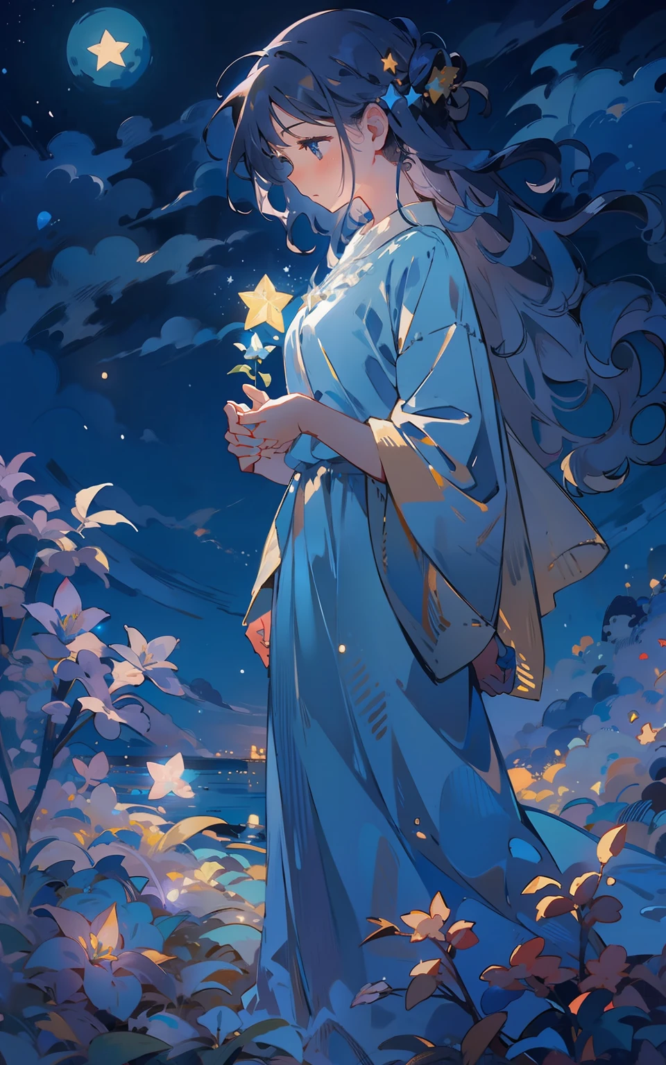 8. 藍色月夜：婦女們站在山上，被柔和的月光照亮。夜空點綴著無數的星星，營造出一種寧靜和驚奇的感覺。她深吸了一口气，感受夜晚的寧靜。