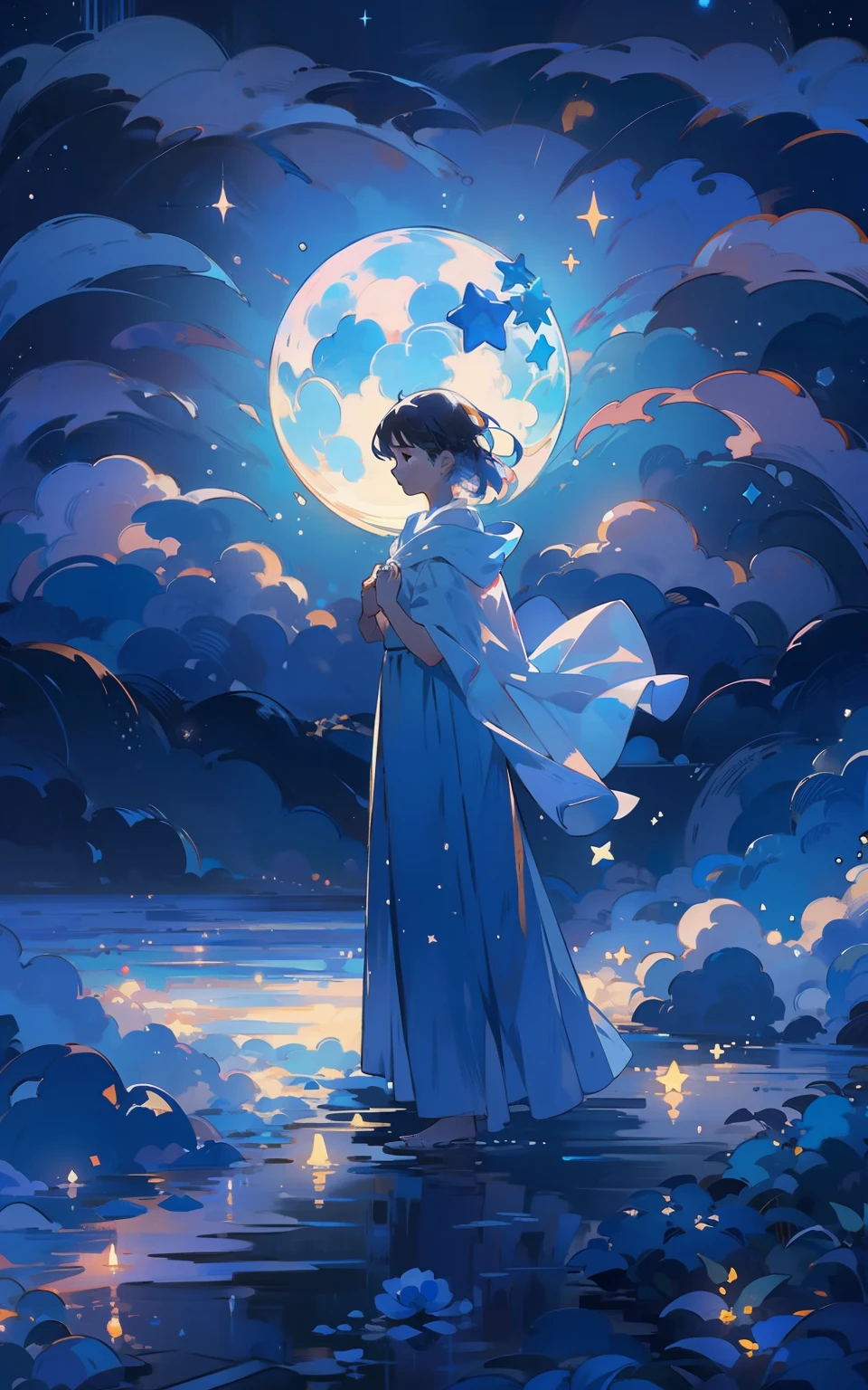 8. Blue moonlit night：Women standing on hills，Illuminated by soft moonlight。The night sky is dotted with countless stars，Creates a sense of tranquility and wonder。She took a deep breath，Feel the tranquility of the night。