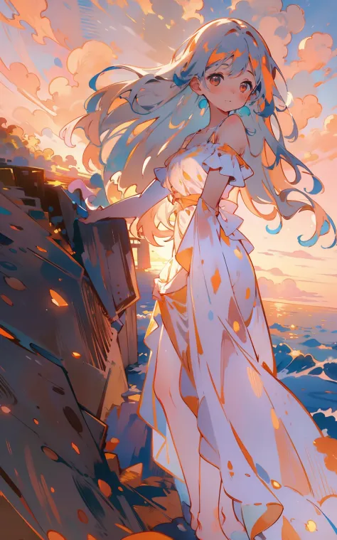 Ocean sunset：Women stand on cliffs overlooking the vast shining blue ocean。The setting sun dyes the sky orange and pink，A warm a...