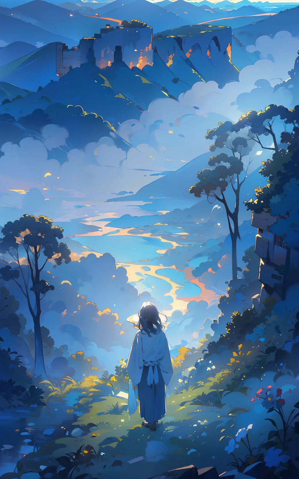 (Blue mountains:Women stand between magnificent mountains，The mountains are shrouded in a soft blue mist，She gazes at the magnificence of nature，full of awe and admiration。)