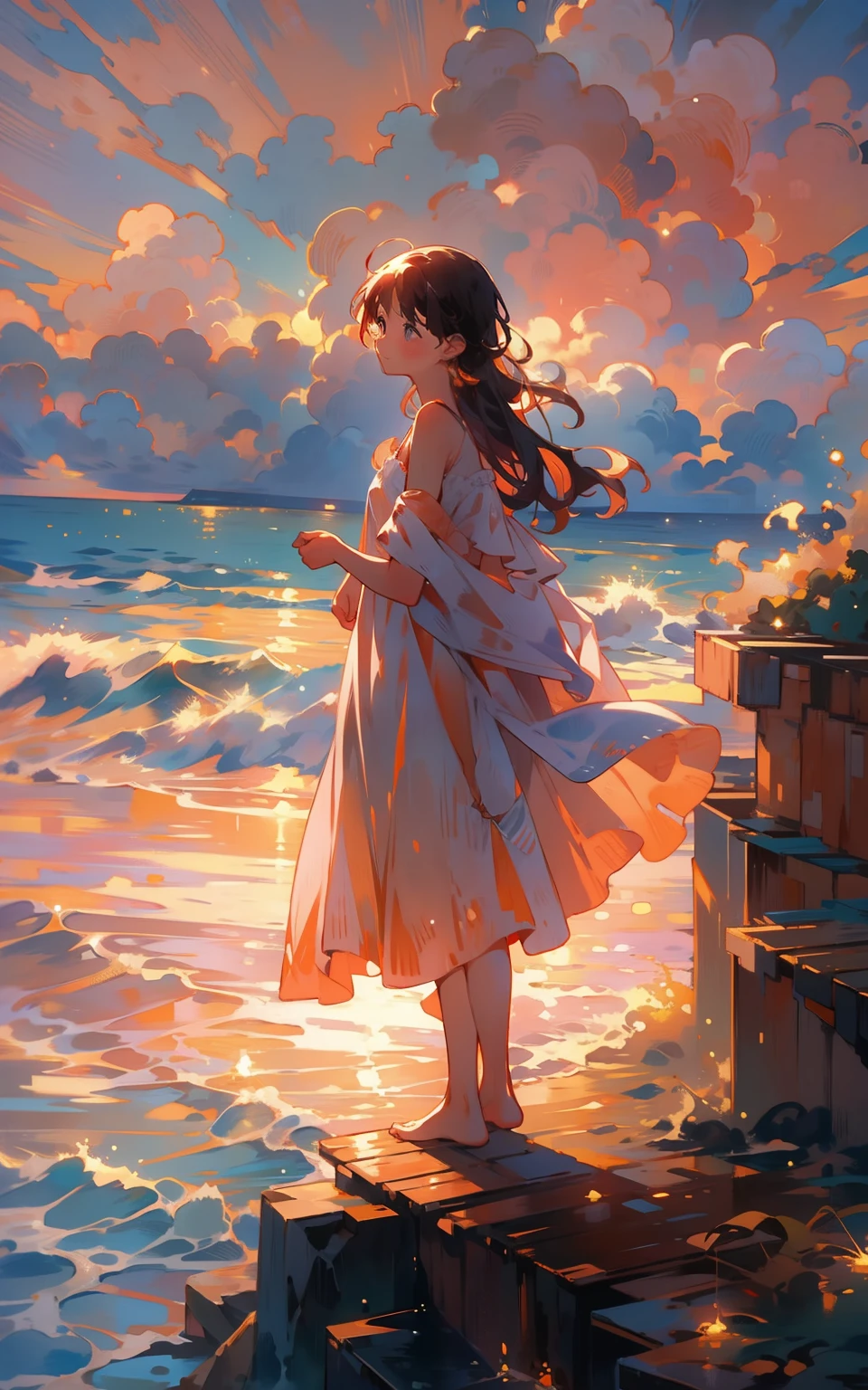 5. 海上日落：女人站在悬崖上，俯瞰广阔而闪亮的蓝色海洋。落日将天空染成橙色和粉色，温暖而宁静的光照在她的脸上。她拥抱这美好的时刻。
