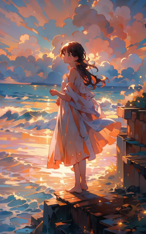 5. Ocean sunset：Women stand on cliffs overlooking the vast shining blue ocean。The setting sun dyes the sky orange and pink，A war...