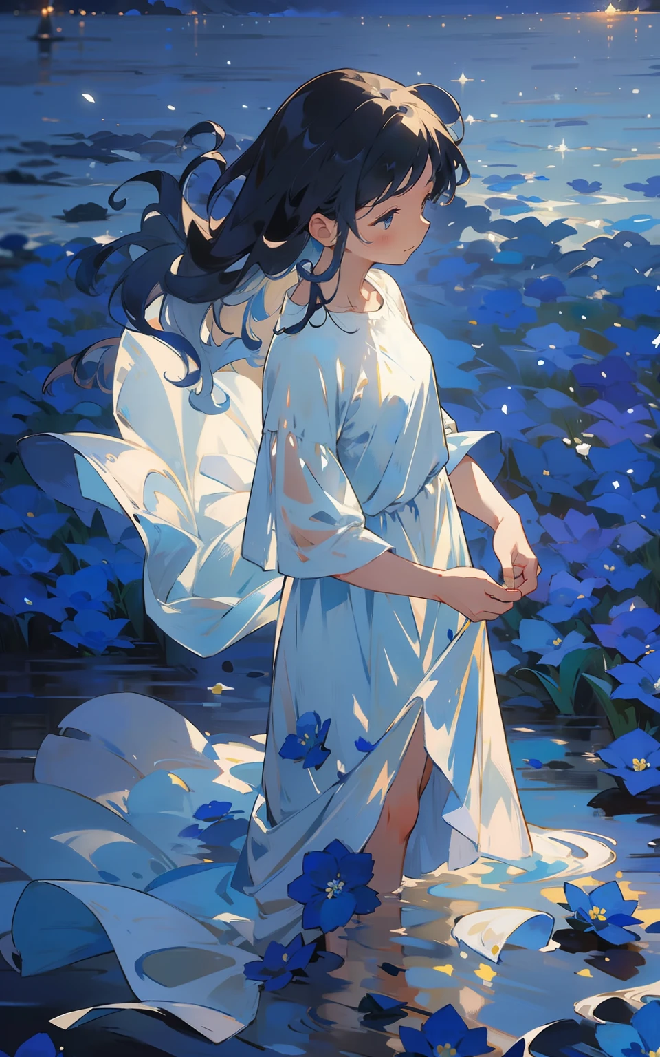 4. A sea of blue flowers：Female standing in a sea of blue flowers，Blue petals sway in the breeze。Her presence adds to the ethereal beauty of the scene，Her serene expression reflects the tranquility of the nature around her。