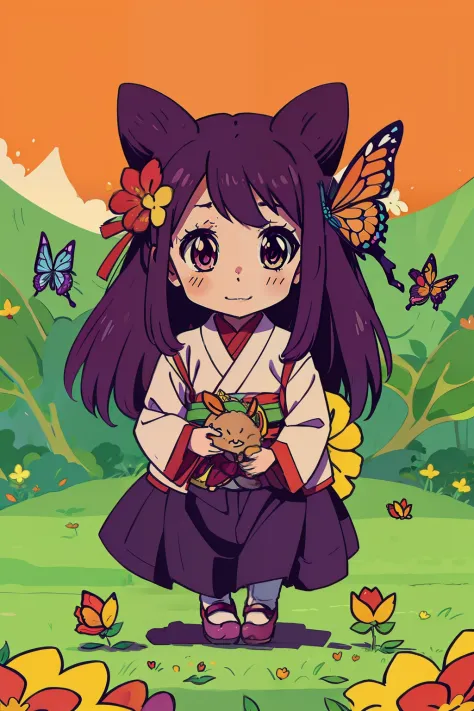 little girl Reiko , happiness , inspiration from anime: A 5,000-year-old herbivorous dragon is being unjustly evil, forest , flower , butterfly fullcolor