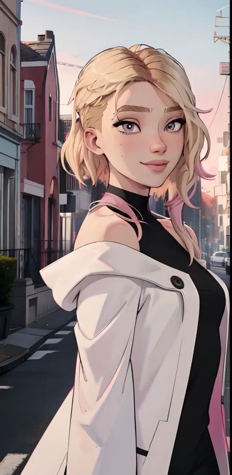 Best quality, Ultra high resolution, 1 girl, solo, upper body, Sky, City, street, Blonde hair, (Pink eyes: 0.5), stylish, Off-th...